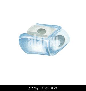 A simple watercolor illustration on a back-to-school theme. A pencil sharpener, hand-drawn in pastel colors, on a white background Stock Photo