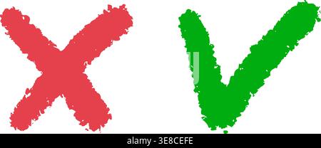 Grunge hand drawn tick check and cross mark. Crayon brush drawn symbols OK, YES and NO, X. Tick V and cross X for check box. True and false icons Stock Vector