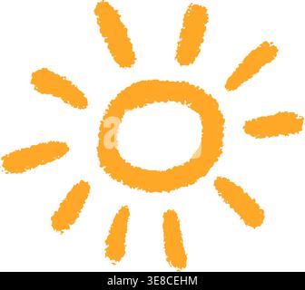 Doodle childish sun icon. Scribble yellow sun with rays symbol. Crayon funny children drawing. Hand drawn burst. Hot weather chalk sign. Vector Stock Vector