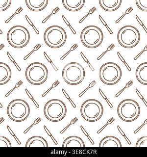 Seamless pattern with plates, forks and knives on white background. Minimal brown outline vector print.  Stock Vector