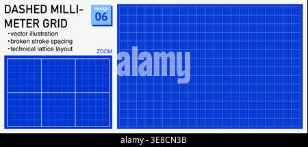 Technical drawing sheet micro node square geometry, margin layout blueprint style. Fine marker structure for planning pages diagrams UI wireframes education notebooks digital technology visuals. Stock Vector