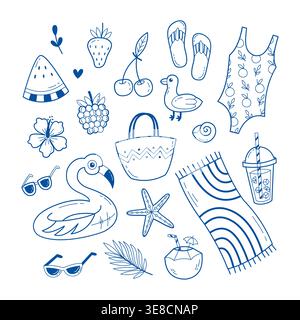 Summer beach icon set blue line art doodle hand drawn vacation element collection for seasonal branding Stock Vector