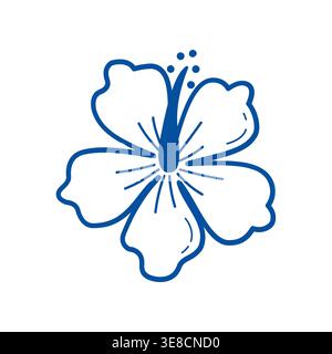 Hibiscus flower vector blue line art doodle tropical floral icon for summer branding Stock Vector