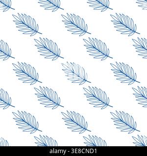 Palm leaf seamless pattern blue line art doodle tropical foliage background for textile print Stock Vector