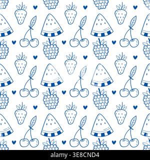 Fruit seamless pattern blue line art doodle summer berry background for textile print Stock Vector