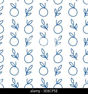 Orange fruit seamless pattern blue line art doodle citrus background for textile print Stock Vector