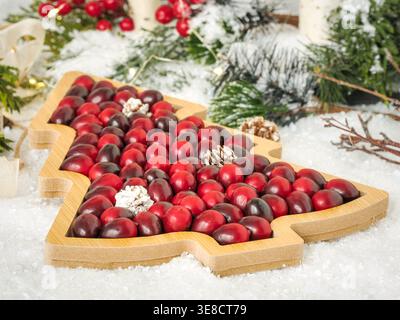 Holiday red cranberries in Christmas tree shaped wood tray in snow ice surrounded by evergreen greenery, berries and pinecones. Festive interior home Stock Photo