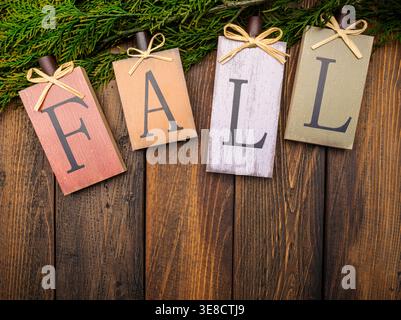 Overhead background of FALL wood text letters on rich dark brown wood planks and greenery branch. Autumn backdrop scene Stock Photo
