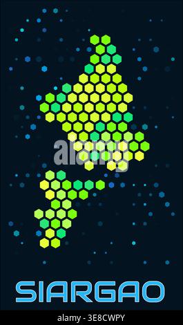 Siargao hexagon dots map. Large green colored hexagons, sparse blue dots in the background. Stock Vector