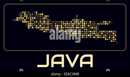 Java digital style map. Small rounded square dots on dark background. Dotted shape of the island. Java map and title. Classy vector illustration. Stock Vector