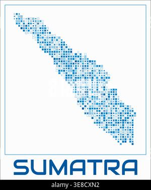 Sumatra digital style map. Small square dots on white background. Dotted shape of the island. Sumatra map and title. Classy vector illustration. Stock Vector