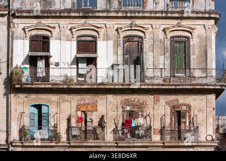Cuba, Havana.  Laundry Drying on a Balcony. Stock Photo