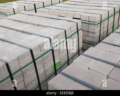 Stack of paving stone on construction site. Bricks for paving stones stacked in stacks Stock Photo
