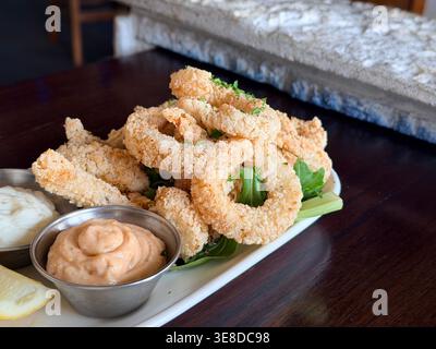 Crispy golden fried calamari rings served with dipping sauce on a white plate, a classic restaurant appetizer. Clean food photography in warm tones ideal for menu design, dining, and culinary lifestyle content. Stock Photo