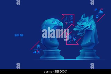 concept of international trade war, graphic of eagle chess piece versus dragon chess piece with business icons Stock Vector