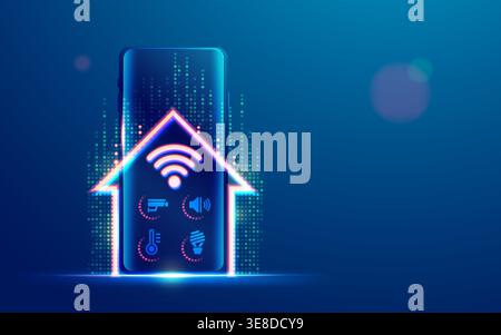 concept of smart home technology, graphic of mobile phone with home automation application Stock Vector