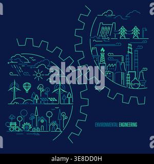 concept of environmental engineering or green energy, graphic of cog wheel with ecology system scene inside Stock Vector