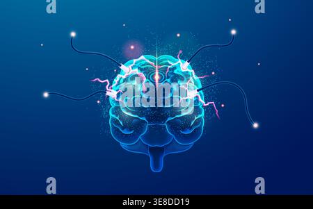concept of brain power or neurology, graphic of brain presenting in front view with lightning effect Stock Vector