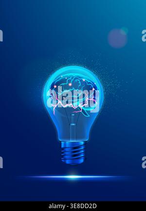 concept of creative thinking or brainstorming, graphic of realistic light bulb with brain spark inside Stock Vector