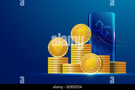 concept of crypto wallet or cryptocurrency investment, graphic of golden crypto coins with stock exchange mobile application Stock Vector