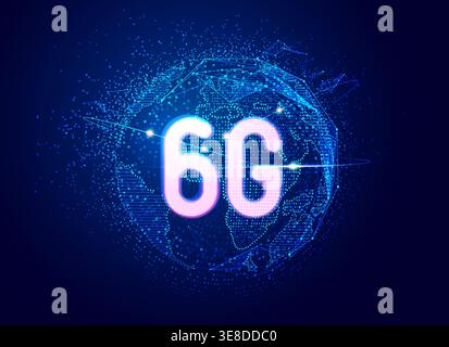 concept of telecommunication technology or wireless technology, graphic of neon 6G with dotted glode and futuristic element Stock Vector