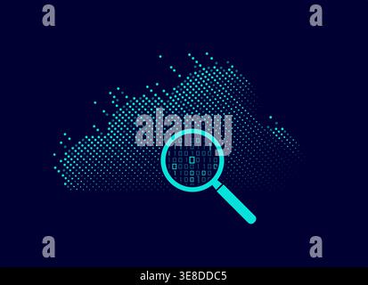 concept of big data analytics technology, graphic of cloud computing analyzed by magnifying glass in futuristic style Stock Vector