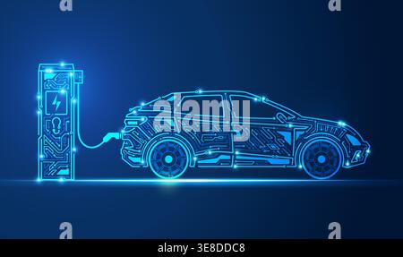 graphic of EV charger station and electric vehicle combined with electronic pattern Stock Vector