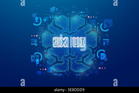 concept of UX UI development, Graphic of futurisitc brain side separating user experience design and user interface design Stock Vector