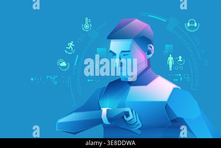concept of smart watch tech or health care application, graphic of low poly runner using smart watch Stock Vector