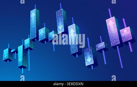 graphic of  3D candlestick in stock market presented in futuristic style Stock Vector