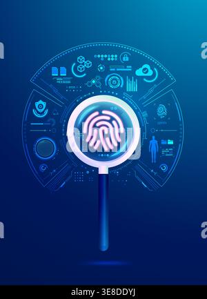 concept of digital forensics or cyber forensics, graphic of magnifying glass analyse from fingerprint with digital data elements Stock Vector