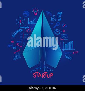 concept of start up project or business strategy, graphic of paper plane with business mind map Stock Vector