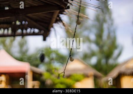 Palm Leaf Sunshade Roof On Bamboo House, A rustic photo of palm leaf sunshade roof, layered dried fronds woven over bamboo frame, perfect for eco livi Stock Photo