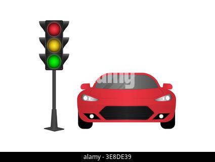 Car Stop at Traffic Light. Vector Illustration. Stock Vector