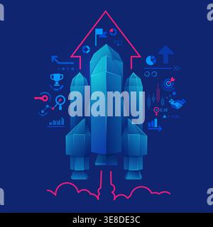 concept of start up project or business strategy, graphic of low poly rocket with business element Stock Vector