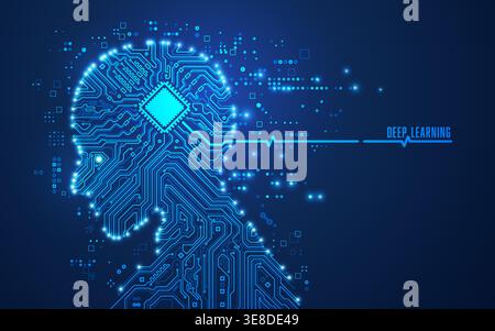 concept of deep learning or machine learning, graphic of artificial intelligence shape combined with electronic pattern Stock Vector