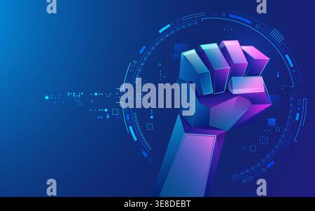 concept of digital revolution or digital transformation, graphic of low poly rising fist with futuristic element Stock Vector