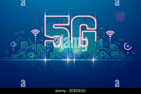 concept of communication technology or high speed wifi, graphic of 5G combined with futuristic city Stock Vector