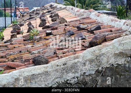 Stones Holding Weathered Terracotta Roof Stock Photo