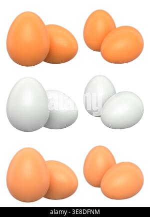 Brown and white eggs placed side by side isolated on white transparent background. Concept of egg variety and nutrition Stock Photo