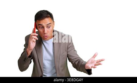 Surprised man talking on phone with expressive gesture Stock Photo