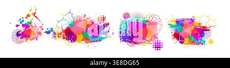 Set Colored paint blobs with cracks, dots and halftone. Hand drawn. Not AI, vector illustration. Stock Vector