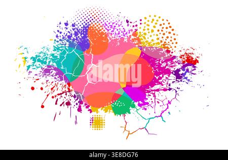 Colored paint blobs with cracks, dots and halftone. Hand drawn. Not AI, vector illustration. Stock Vector