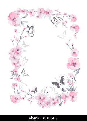 Frame with sakura flowers. Beautiful cherry blossom flower vector illustration. Hand drawn. Not AI, Stock Vector