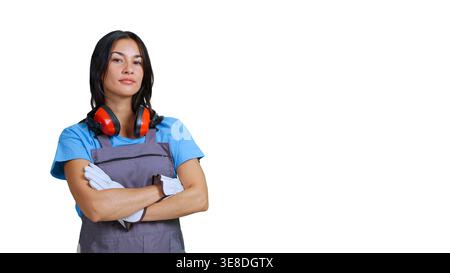 Female worker with personal protective equipment on transparent background Stock Photo