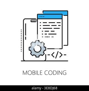 Mobile coding icon with smartphone screen, application window and gear setting symbol. Vector software program code, programming, computer system operate and app development outline technology sign Stock Vector