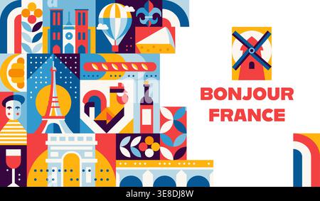 France travel and culture banner with modern geometric pattern. Vector retro tile background with Paris landmarks as Eiffel tower, arc de triumphed and Notre dame cathedral, croissant, wine or cheese Stock Vector