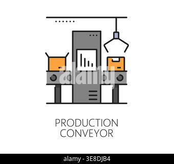 Automatic production conveyor, manufacture icon or symbol. Automatic manufacture color line sign, conveyor plant vector icon. Robotic manufacture symbol with packages, robotic hand and conveyor belt Stock Vector