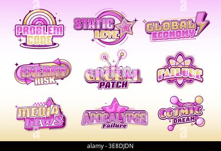Vintage nostalgic Y2K icons or symbols. Retro nostalgic emblems, Y2K vector icons with apocalypse, cosmic dream, media news and energy risk pink and blue typography, rainbow, stars and lightning Stock Vector