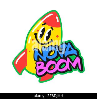 Rocket bomb and explosion retro Y2K sticker or patch. Explosive isolated retro Y2K vector sticker, bomb hippie tag. TNT rocket funny character and funky typography patch or label Stock Vector